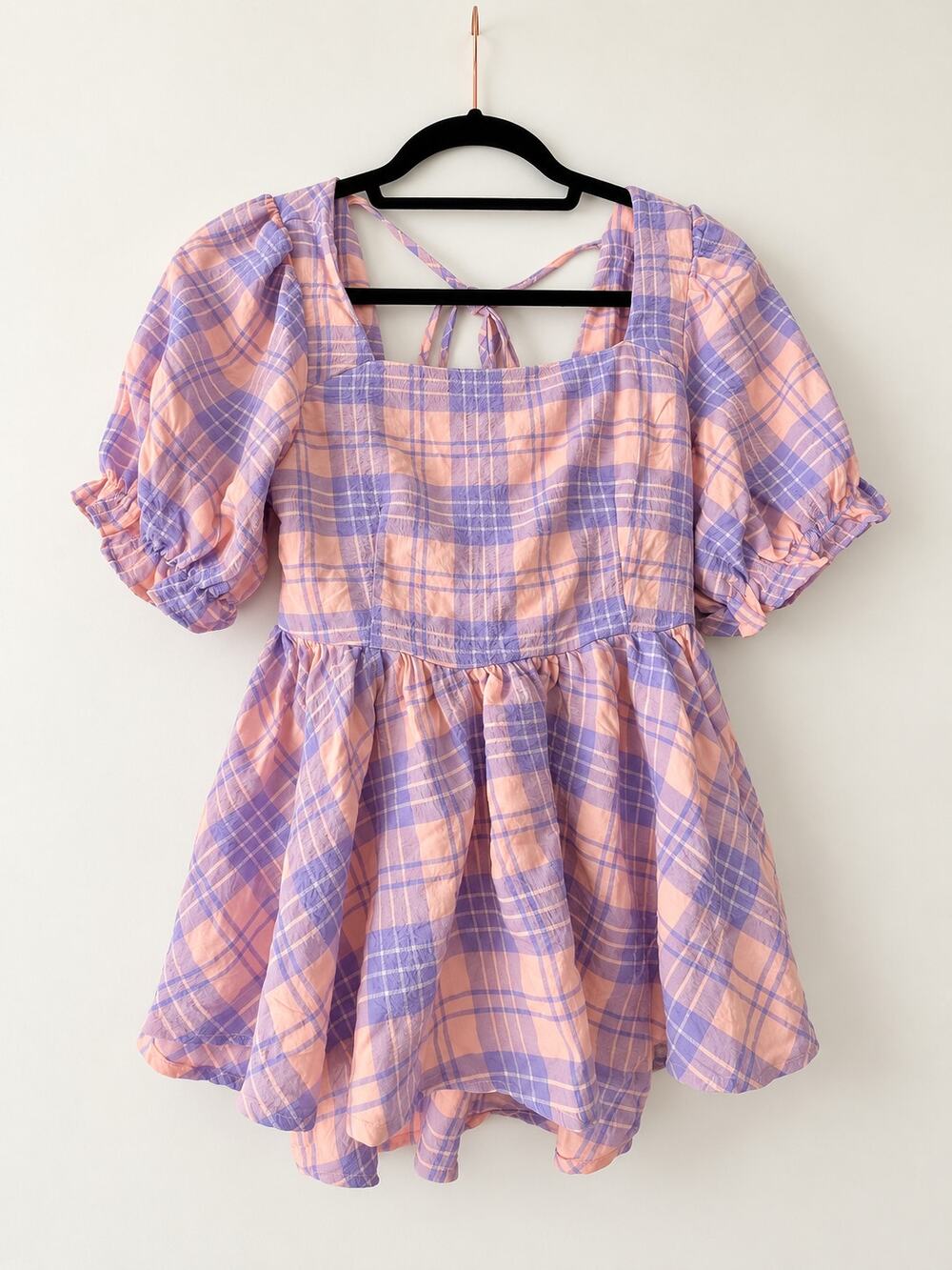 POL Pink & Lavender Plaid Puff Sleeve Open Back Top – Size Small